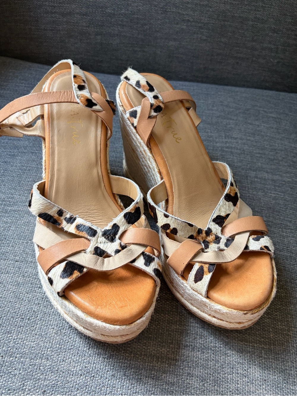 Diba True Leopard Calf Hair Espadrille Wedge Platform Sandals Tan Leather 6.5
